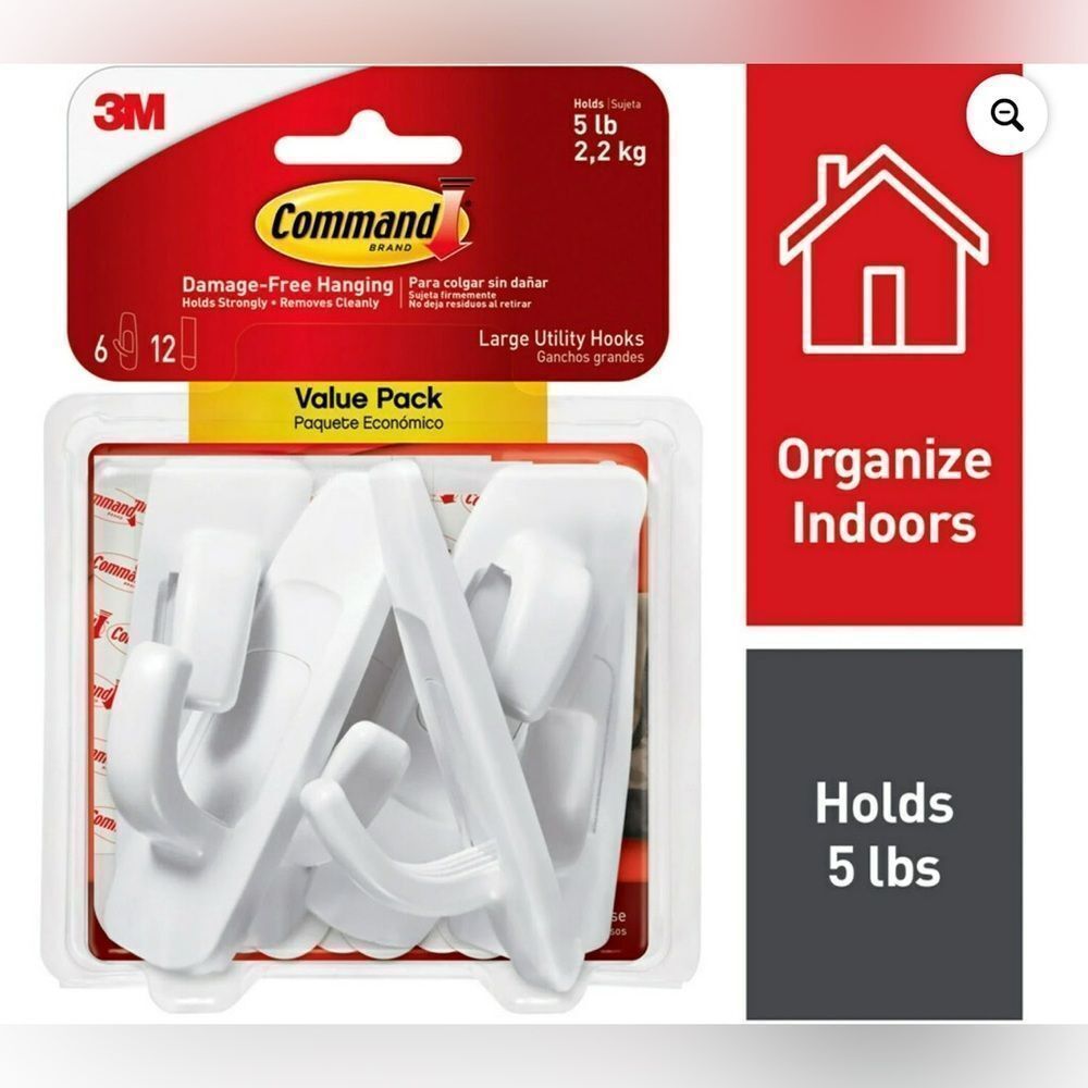 New! Command Large Utility Hooks 6 Hooks & 12 Command Strips Holds 5 lbs NIB